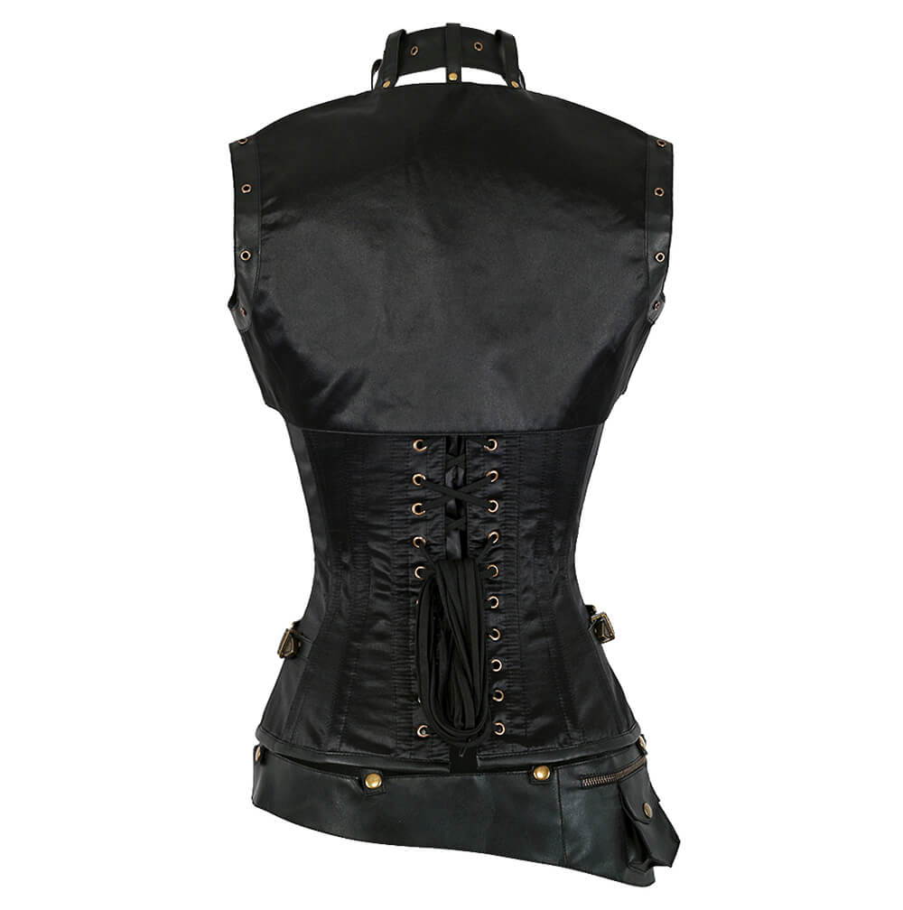 Lucette Steampunk-Korsett aus schwarzem Satin mit passendem Bolero