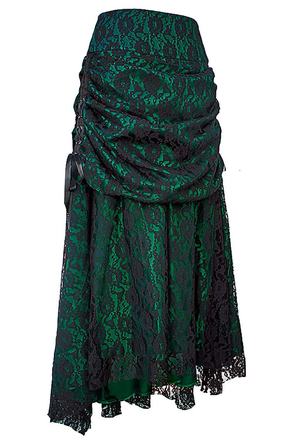 Brandyn Satin-Rock mit gotischem Bustle-Stil und Spitzenbesatz