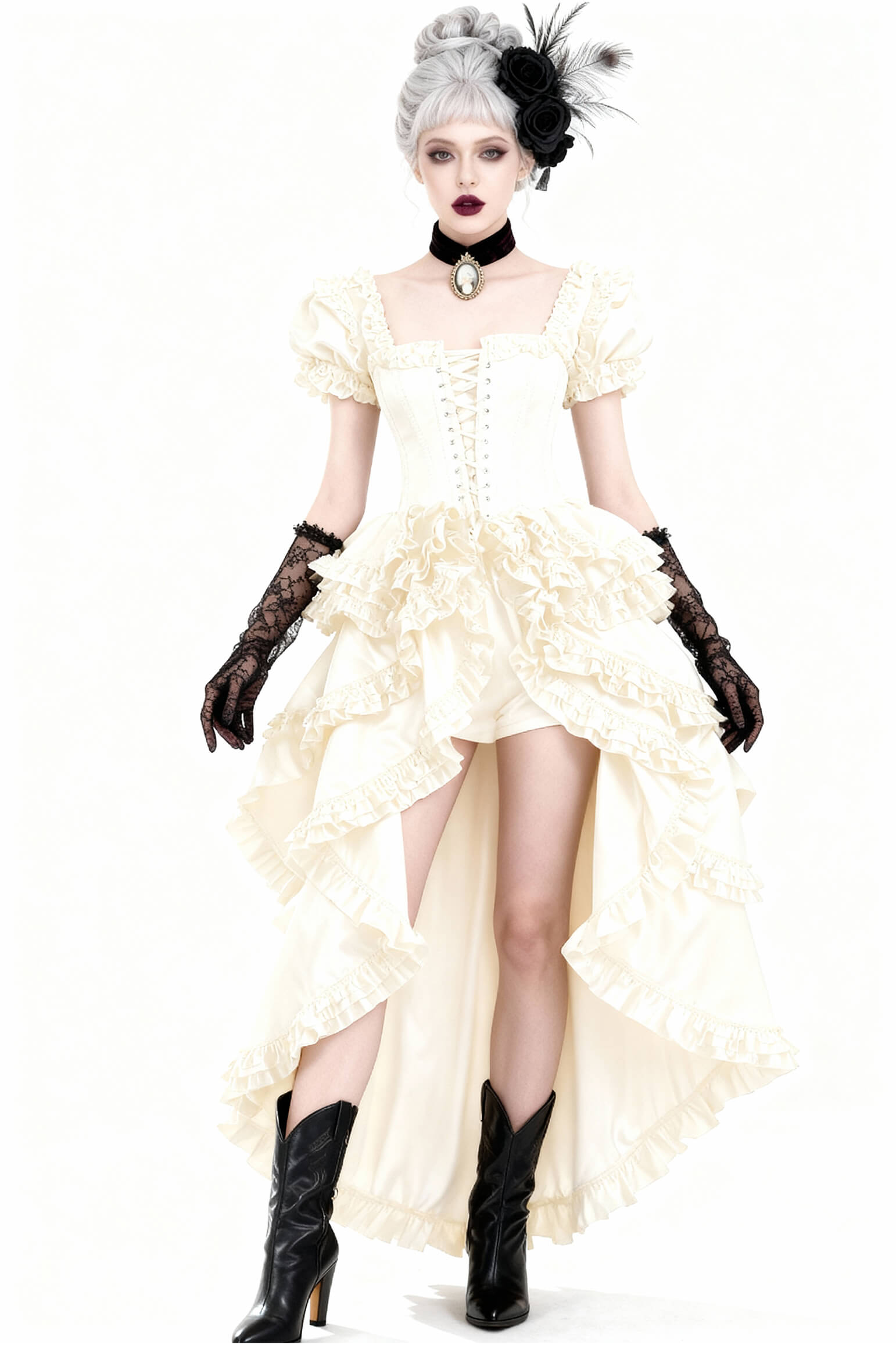 Shalaya Rokoko Schwarzes Satin-Rüschen-Korsettkleid